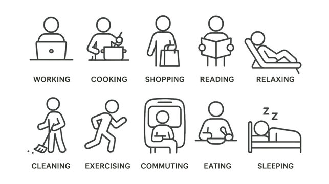 Everyday activities icons set: minimalist linear style for various daily routines
