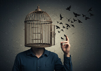 Symbolic Imagery Man with Open Birdcage Head, Free Flying Birds, Freedom, Liberation Concept.