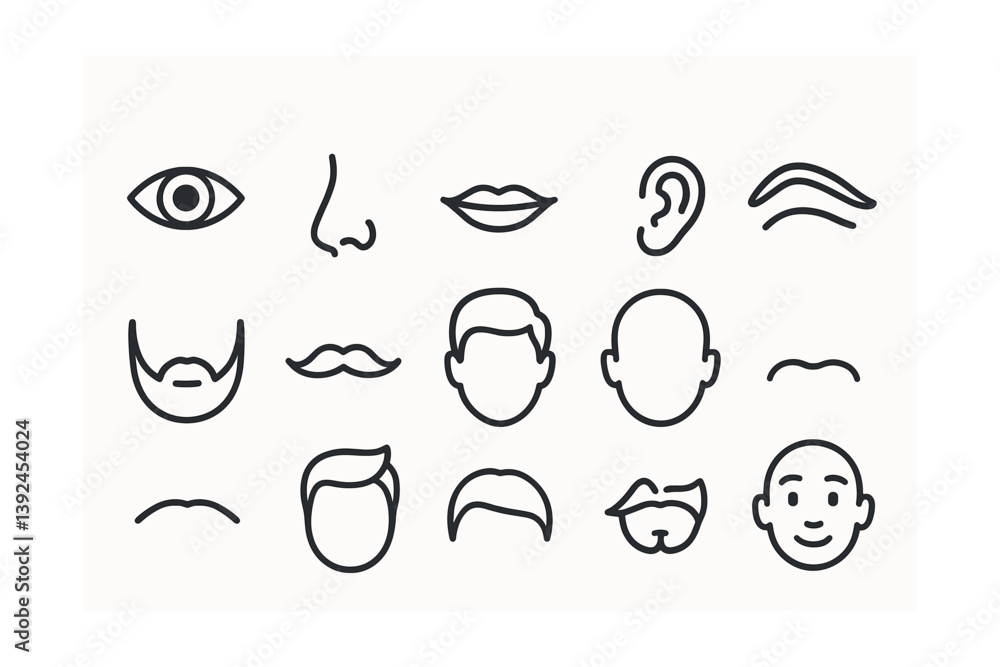 Poster linear icons set: human facial features and expressions collection for design