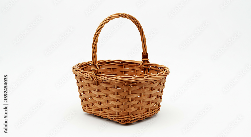 Poster brown woven basket on white. empty basket stands alone. small basket with handle. rustic container. 