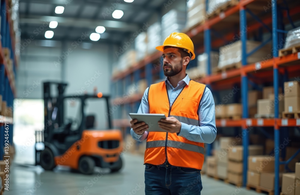 Poster warehouse manager uses digital tablet supervising loading operations. man in uniform, hard hat, vest