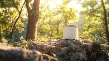 Obraz premium A white cylindrical container rests on a mossy tree root in a sun-dappled forest. Soft, natural light filters through the trees