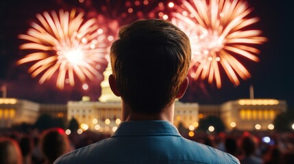 Elegant Fireworks behind Capitol Building with crowd gathered on lawn grand finale of Independence Day USA celebration 