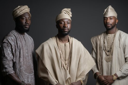 A group of young men wearing jalabiya are posing in a stock photo