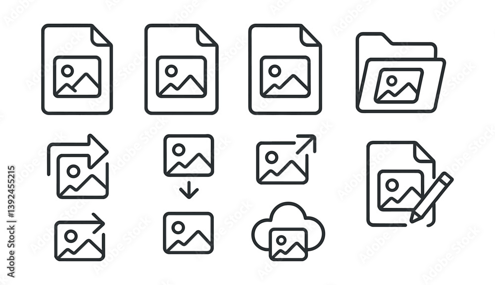 Poster linear icons set: image files and cloud management