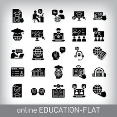 Active lesson, mock test, online book, question network and certificate design. Simple 25 flat online education icon set.