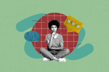 Creative abstract collage of person with 3d text box on green background