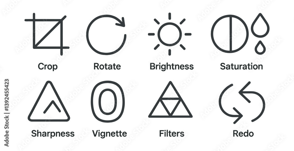 Poster essential photo editing tools icon set in linear style