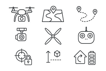 Linear drone icon set: navigation, control, and technology symbols collection