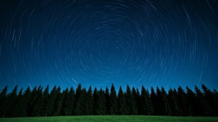 Elegant Long exposure of night sky with radiant meteor trails and star fields above silent forest clearing 