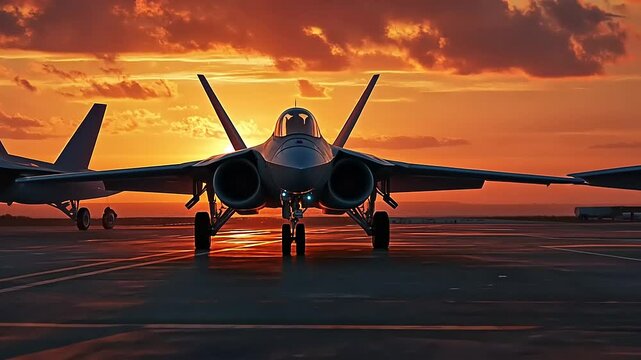 Fighter jets on an aircraft carrier at sunset, showcasing military readiness and teamwork
