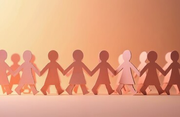 Illustration of cardboard cutout people holding hands. Charity, support, awareness concept. Global community connection, mental health, social care, unity. Volunteering, helping hand, giving back,