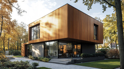 Obraz premium Modern cube house with vertical wood siding and large windows in forest setting