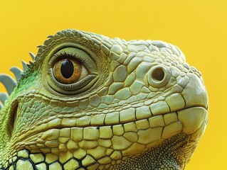 Fototapeta premium Iguana face close up showing scales and eye on yellow background