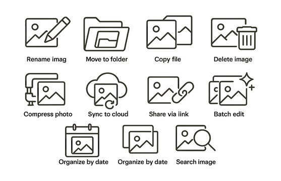 Essential photo management icons set for efficient image organization