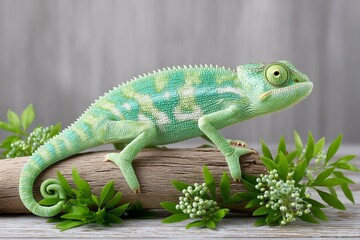 Obraz premium A chameleon climbing a stick in a terrarium with green foliage
