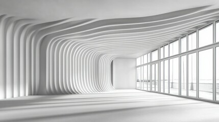 Modern, minimalist interior design, featuring flowing architectural lines