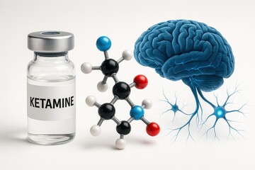 Ketamine Anesthetic and Depression Treatment with Brain Synaptic Plasticity Visualization for Mental Health and Pain Relief Concept