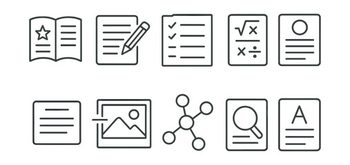 Essential education linear icon set: books, writing, math, and more