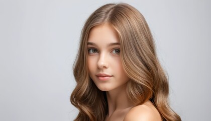 Fototapeta premium A close-up portrait of a girl with soft waves in her hair, exuding natural beauty and innocence against a neutral background.