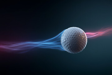 Dynamic motion of a golf ball with vibrant trails representing speed and energy in a dark background