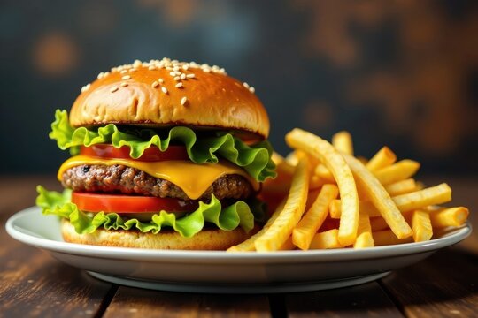 Juicy burger and crispy fries stacked on a plate, food, takeaway