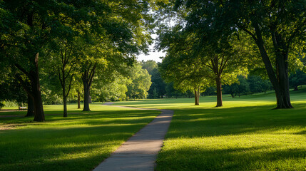 Fototapeta premium forest clearing with soft green grass, sun rays piercing through gaps in the trees, creating a serene and inviting atmosphere 