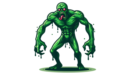 Green cartoon humanoid character on transparent background PNG - Ideal for animations, games, and comics