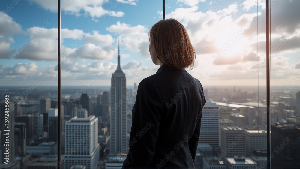 Poster here's the description and the keywords. a person gazes from a high-rise window at a cityscape, with