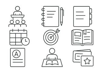 Educational planning and study icons set in linear style for organizational success