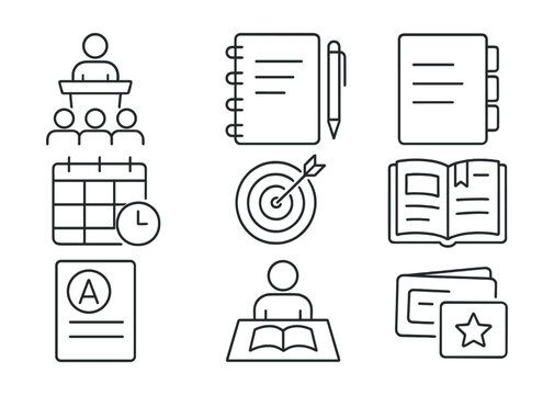 Educational planning and study icons set in linear style for organizational success
