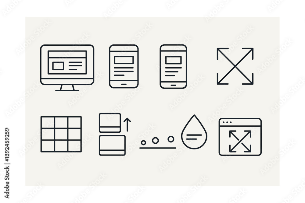 Poster responsive design icon set: devices, layout, fluid, grid, minimalist linear style