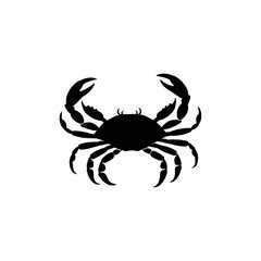 A black and white vector silhouette of a crab in a defensive pose with both pincers lifted high on a white background