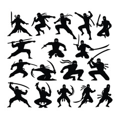Silhouette ninja Symbol vector set with white background