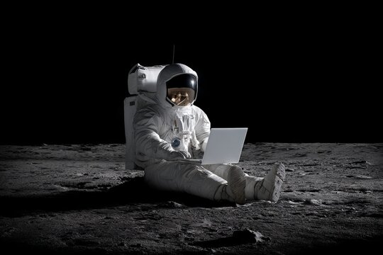 Neural network stock art features an astronaut working on a laptop while in outer space