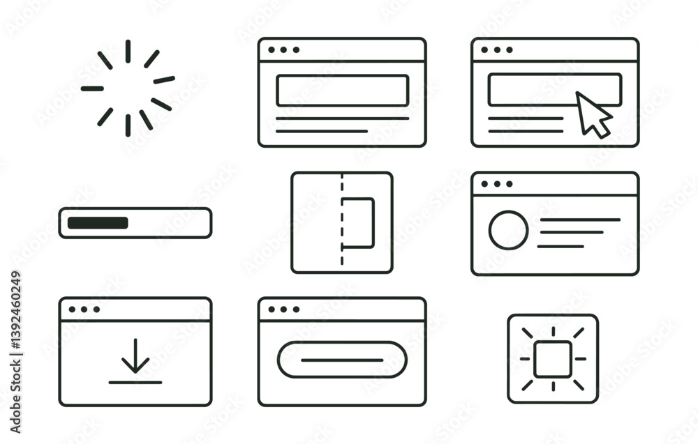 Poster set of linear web interface icons: loading, download, browser, button