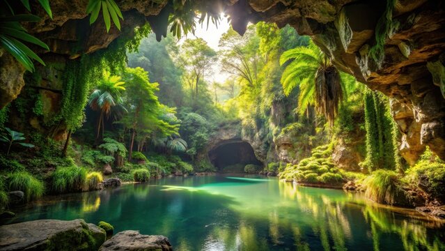 Cave with water pond in lush jungle, jungle, green,  jungle, green, nature, plants, mysterious,cave, trees, serene, wildlife
