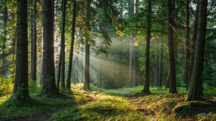 Obraz premium Golden sunlight illuminates a tranquil forest path, evoking peace and natural harmony. 