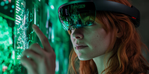 Woman with red hair wearing augmented reality glasses, interacting with a green digital interface.  Image depicts technological advancement and innovation in virtual reality