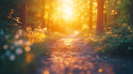 Golden sunlight illuminates a tranquil forest path, evoking peace and natural harmony.
