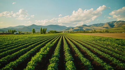 A modern farm growing vegetables with both soil and hydroponic systems, featuring automated watering for efficient crop care.