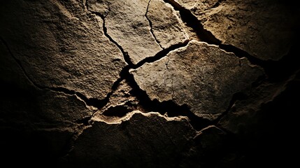 Close-up view of cracked dry earth texture illuminated by soft light, highlighting the uneven surface and warm tones of the soil