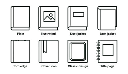 Book icons set - linear style illustrations of various book types and covers