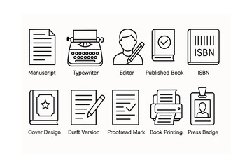 Publishing process linear icons: manuscript to press badge set