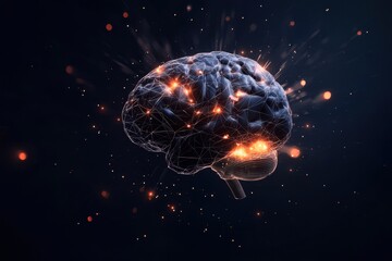 Exploring conceptual ideas a glowing brain of interconnected geometry in a dark environment visualizing creativity and intelligence through digital art