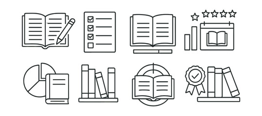 Education icon set: linear style with books, checklists, and charts