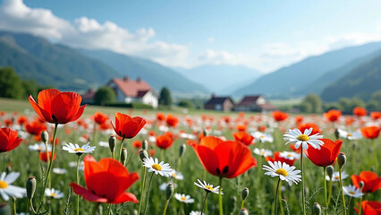Red poppies and white daisies close-up, blooming summer meadow against the backdrop of mountains and a village. Beautiful sunny countryside landscape.