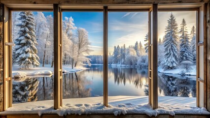 Snowy winter forest landscape seen through cottage window, frosty morning atmosphere, frozen lake or river in the distance