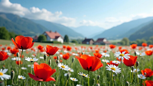 Red poppies and white daisies close-up, blooming summer meadow against the backdrop of mountains and a village. Beautiful sunny countryside landscape.