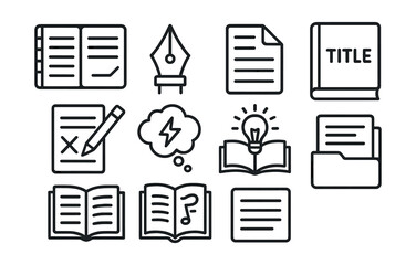 Education and writing icons set: linear style open books, documents, folder, pen, lightbulb